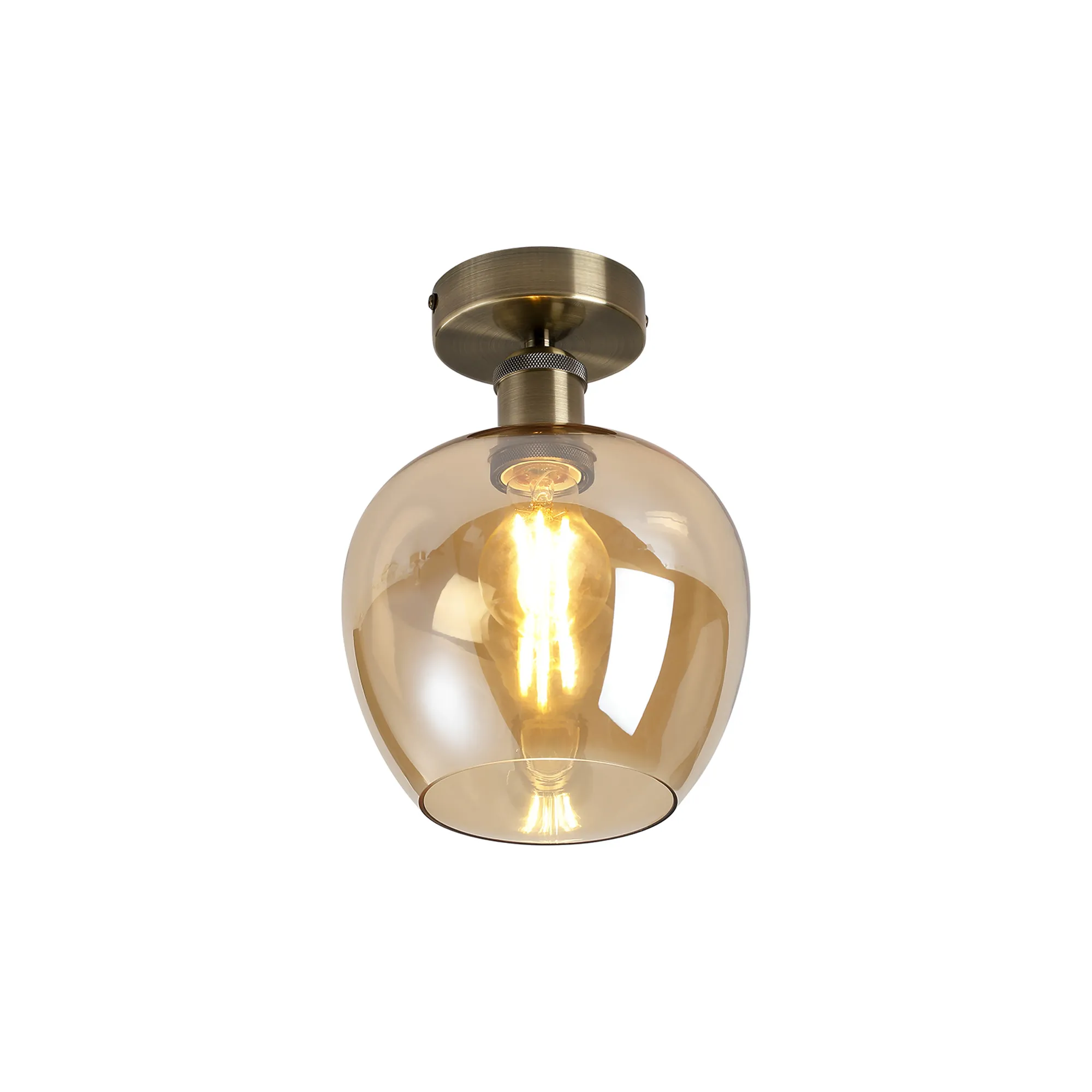 Cawdor Flush Fitting; 1 Light E27; Antique Brass/Amber Wine Glass